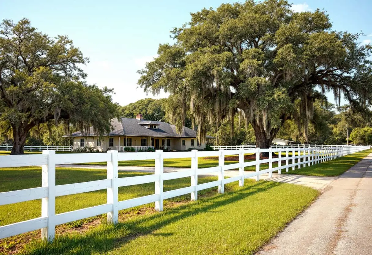 A large fenced property with a white wood fence, Spanish-moss oaks, and a ranch-style house set back from the road
