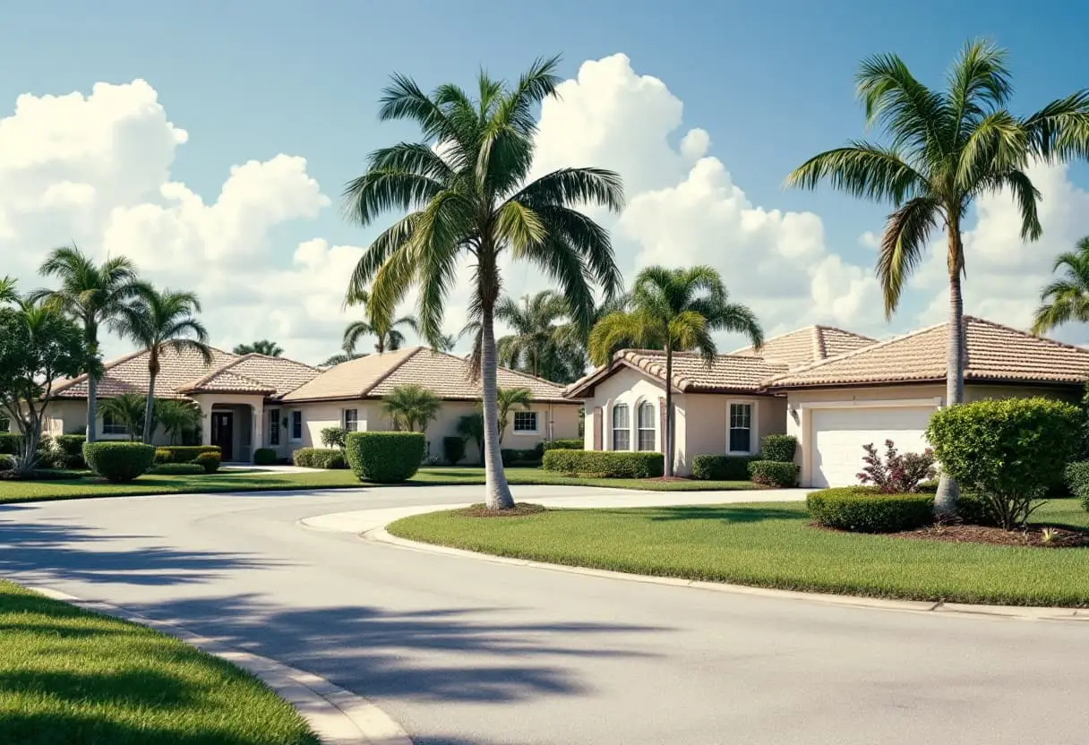 A suburban cul-de-sac of single-story 1980s homes with tile roofs and palm trees