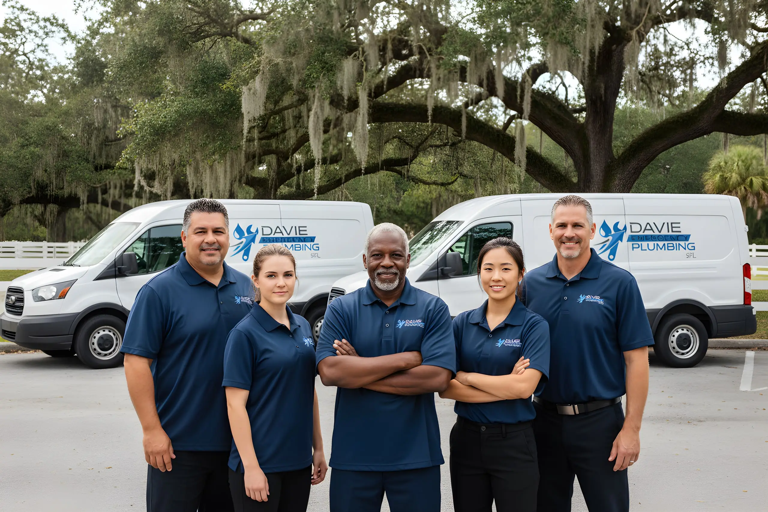 A plumbing crew in matching navy company shirts standing in front of branded service vans on a large fenced lot with mature oak trees in Davie, Florida