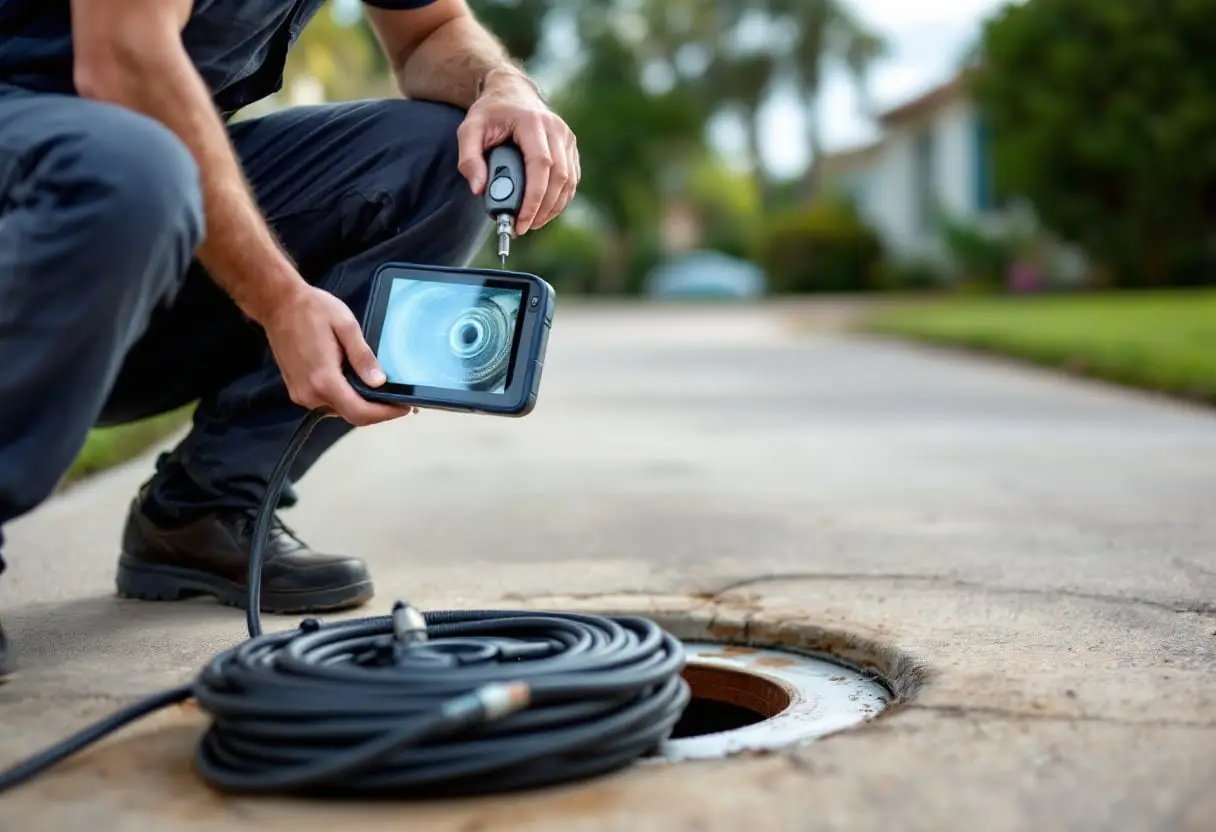 A push-cable inspection camera and its handheld monitor positioned beside a home’s underground plumbing access point