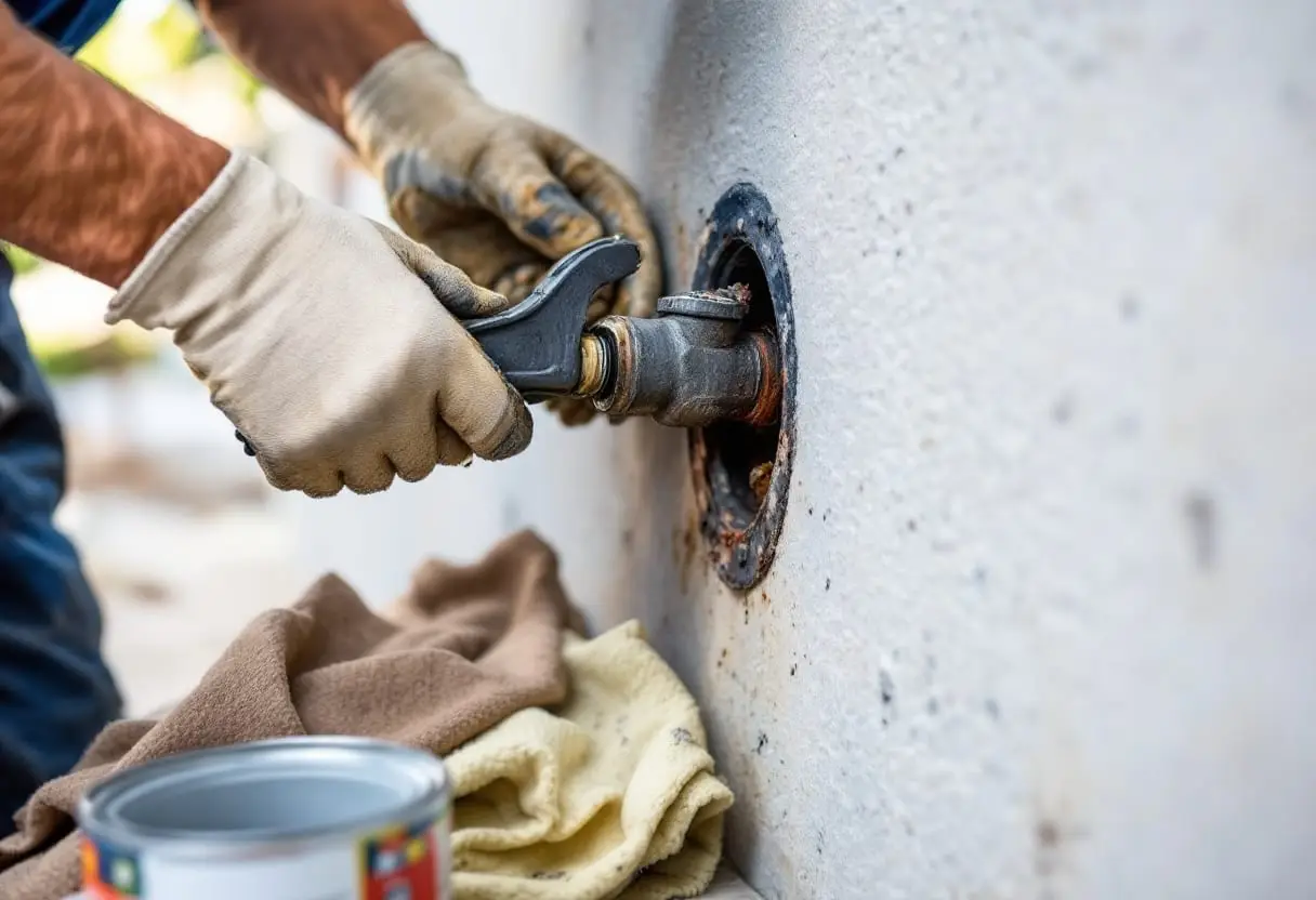 Gloved hands tightening a wrench on a black iron gas fitting at a wall penetration