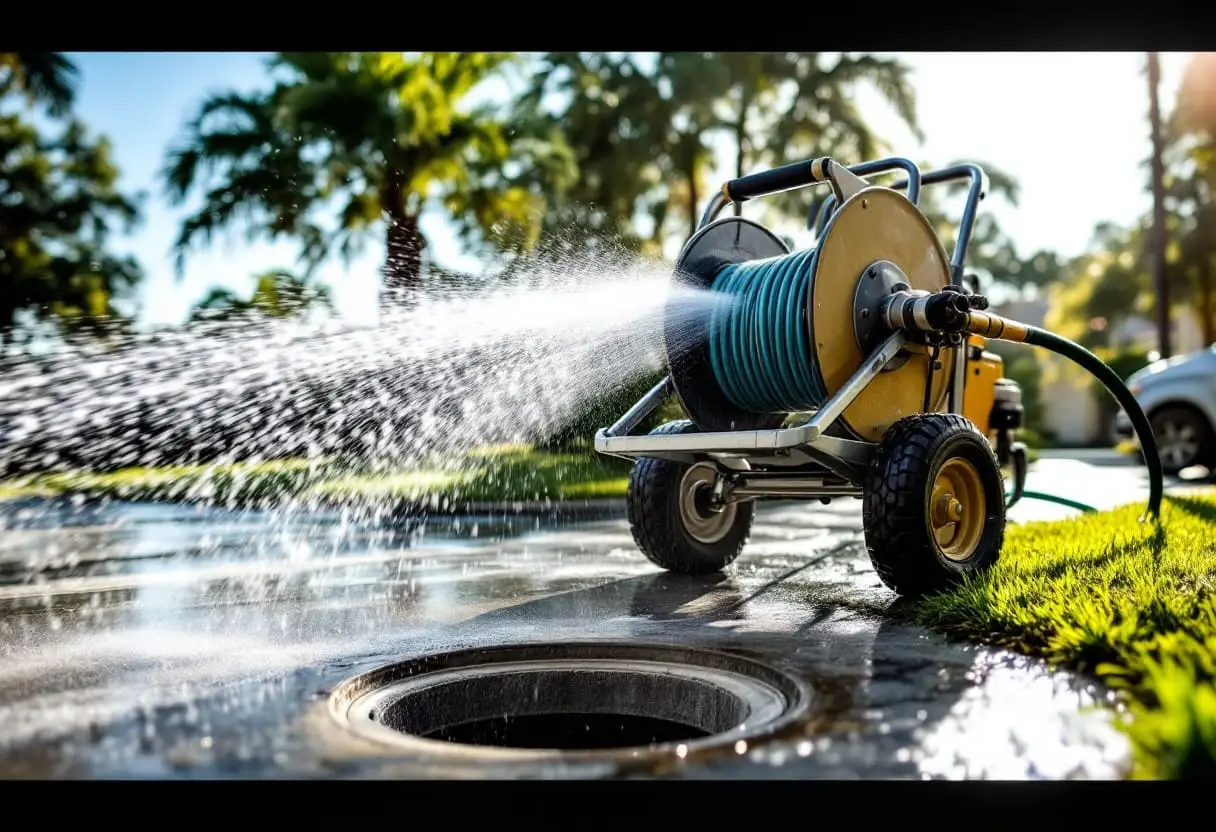 Pressurized water spraying from a hose nozzle guided into a drain cleanout access point