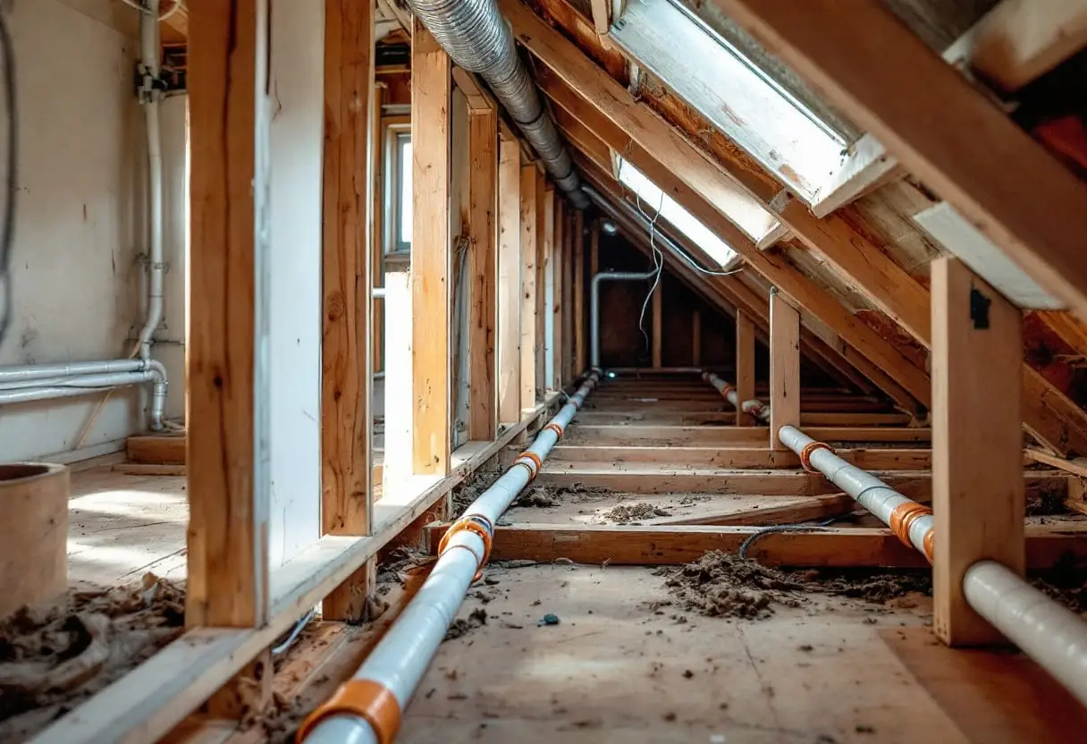 New PEX and copper lines run across open attic framing, with the old pipe set aside after removal