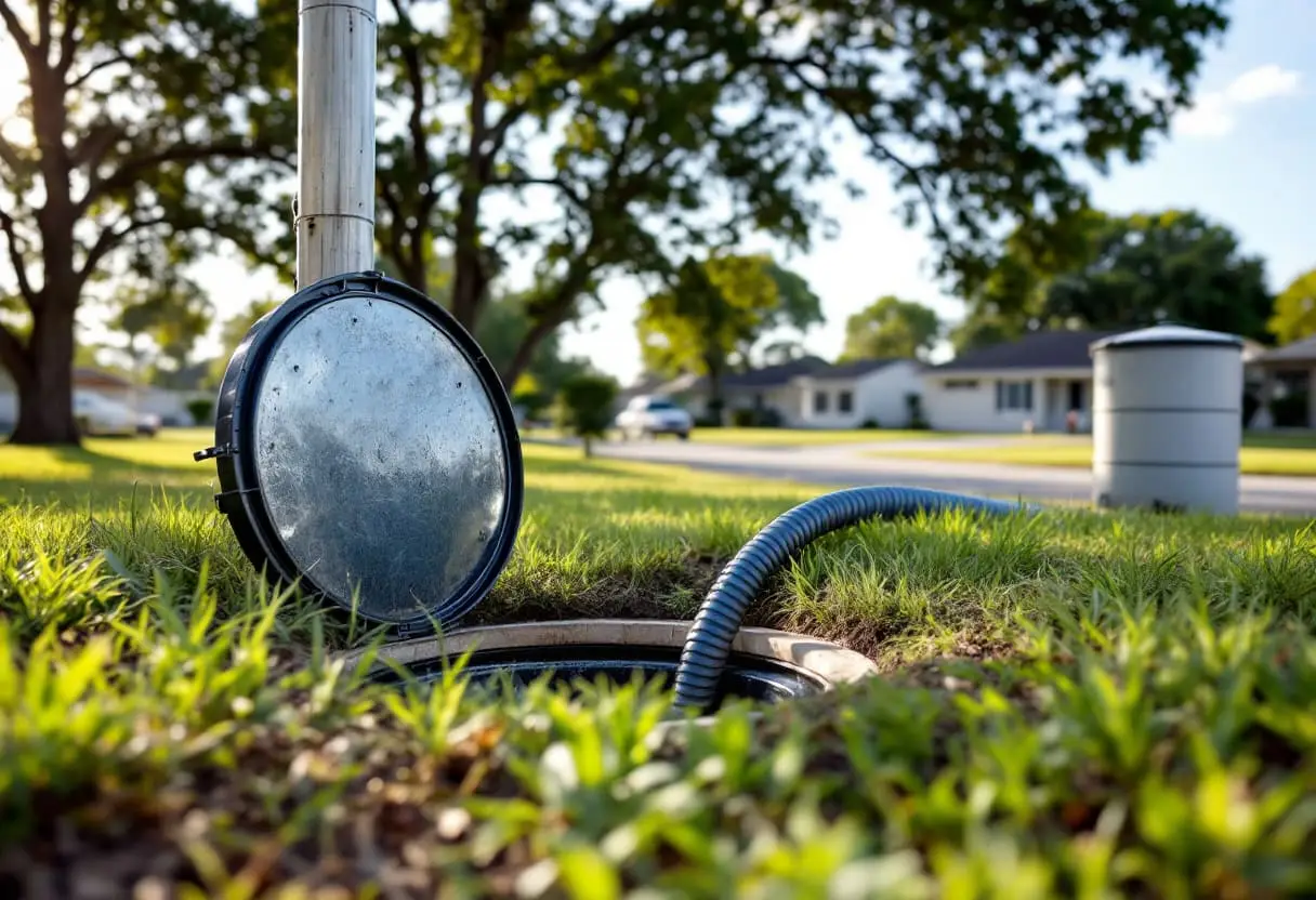 An open septic tank access lid on a grassy lot with a well head visible nearby among the trees