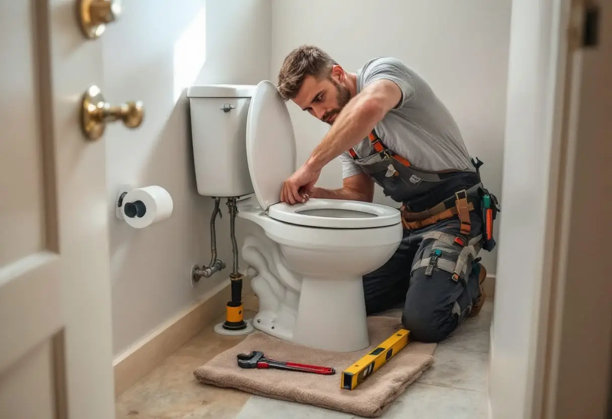 A plumber kneeling beside an open toilet tank, adjusting the fill valve by hand with a pipe wrench and torpedo level laid out on a towel nearby