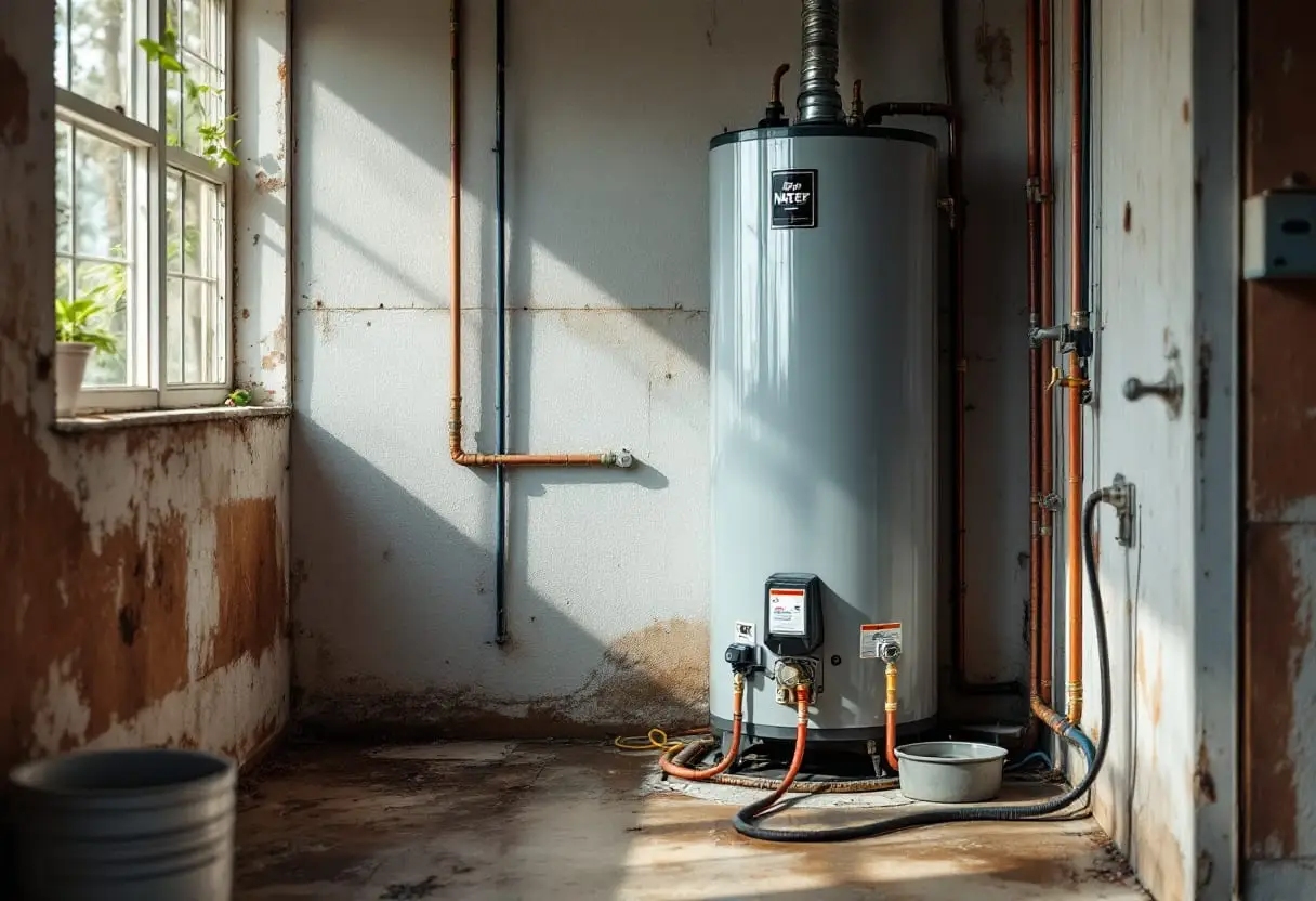 A newly connected tank water heater with its copper supply lines freshly soldered and squared