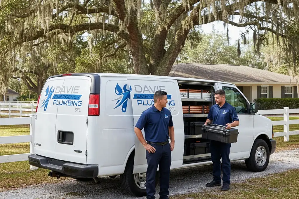 A liveried plumbing service van with its rear doors open and copper pipe stock visible on the shelving, two technicians nearby, parked on a large fenced Davie, Florida lot with mature oak trees